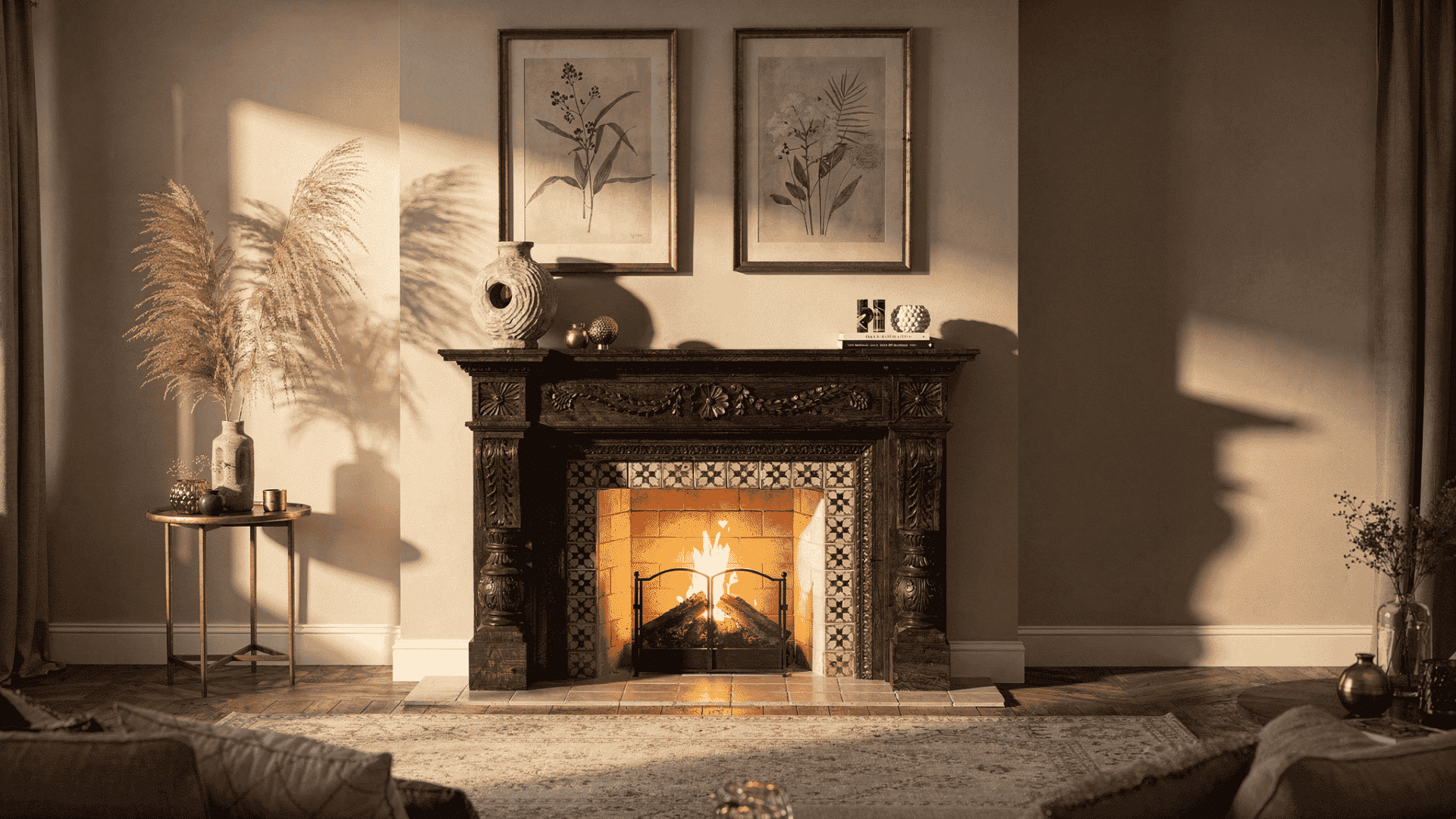 ornate wooden fireplace with lit fire botanical art above mantel bohemian living room with warm natural lighting