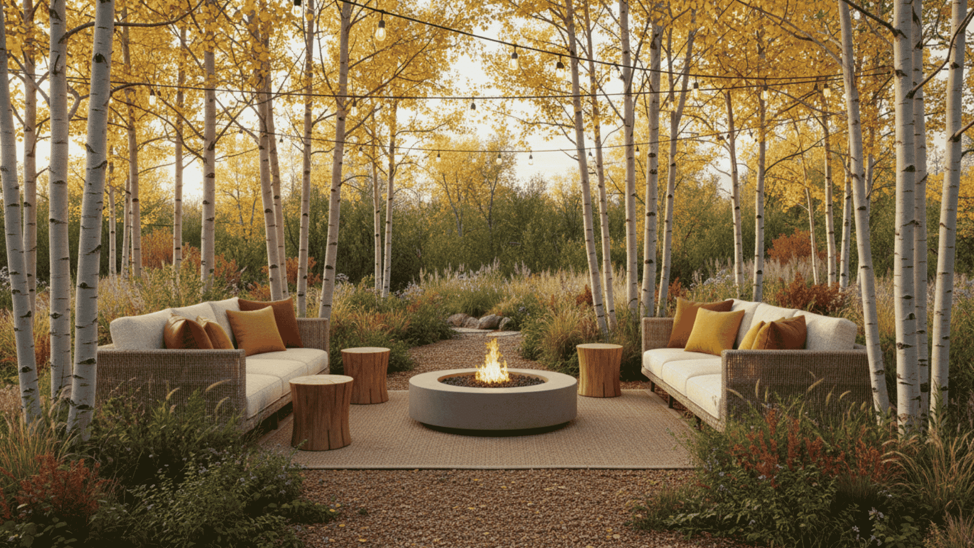 outdoor autumn forest seating area with two sofas, fire pit, wooden stools, string lights, and colorful fall foliage