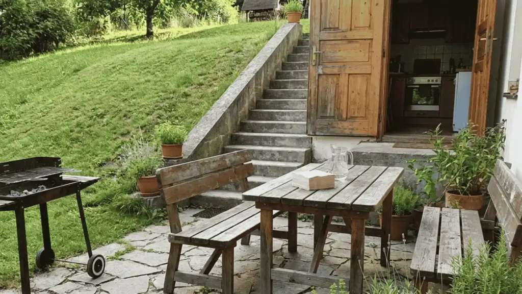 outdoor dining terrace on a sloped backyard positioned near the kitchen door