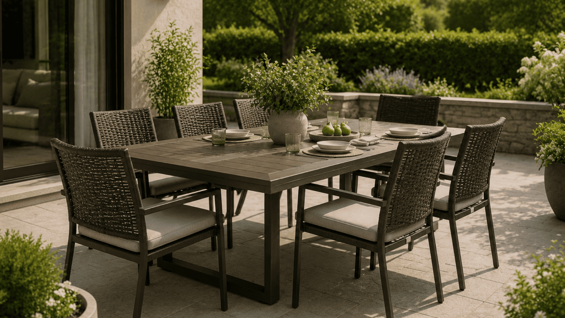 outdoor dining table and chairs arranged on patio for family meals and casual gatherings