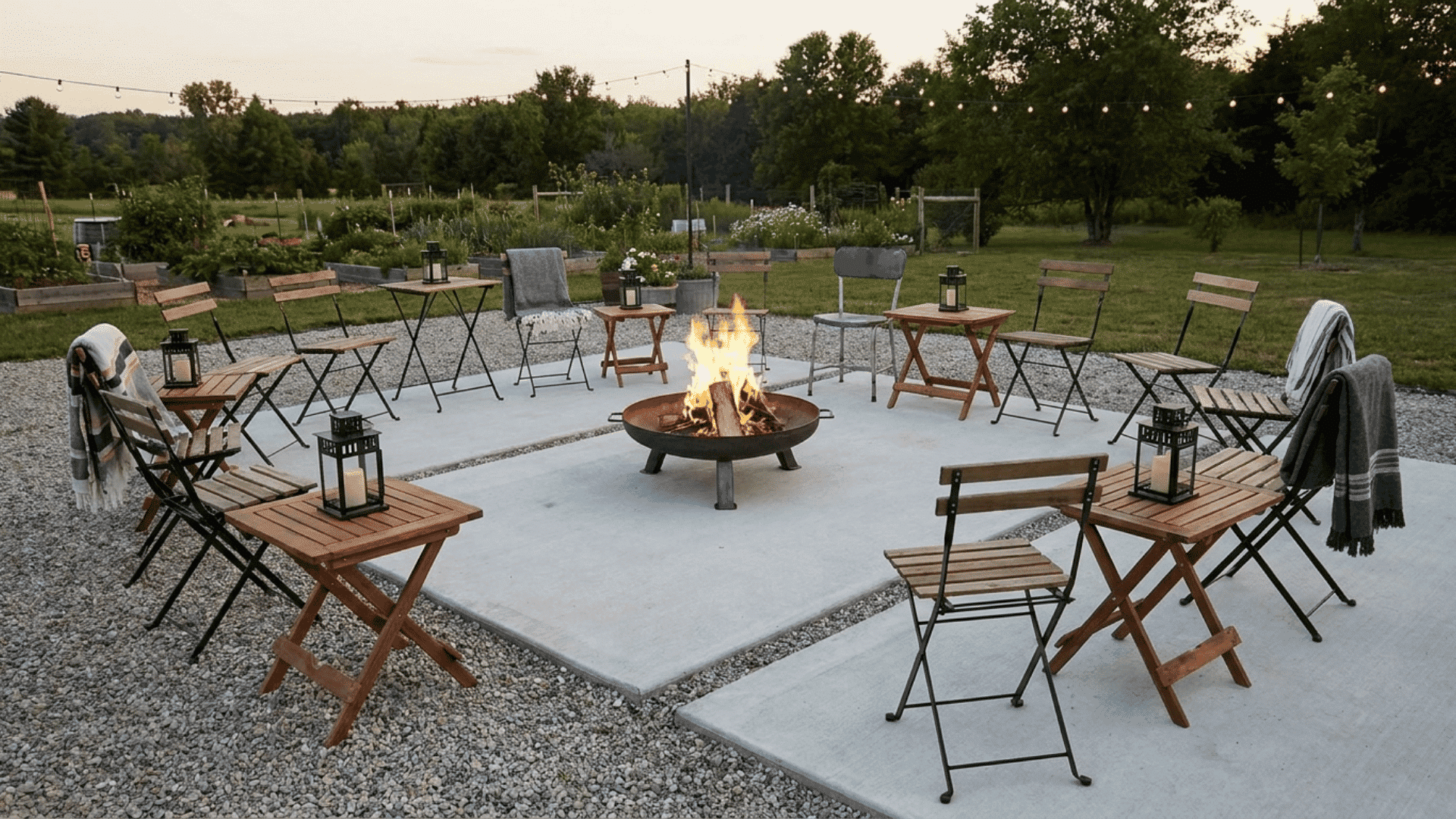 Outdoor fire pit setup with simple folding chairs and small tables, surrounded by open greenery for a casual gathering.