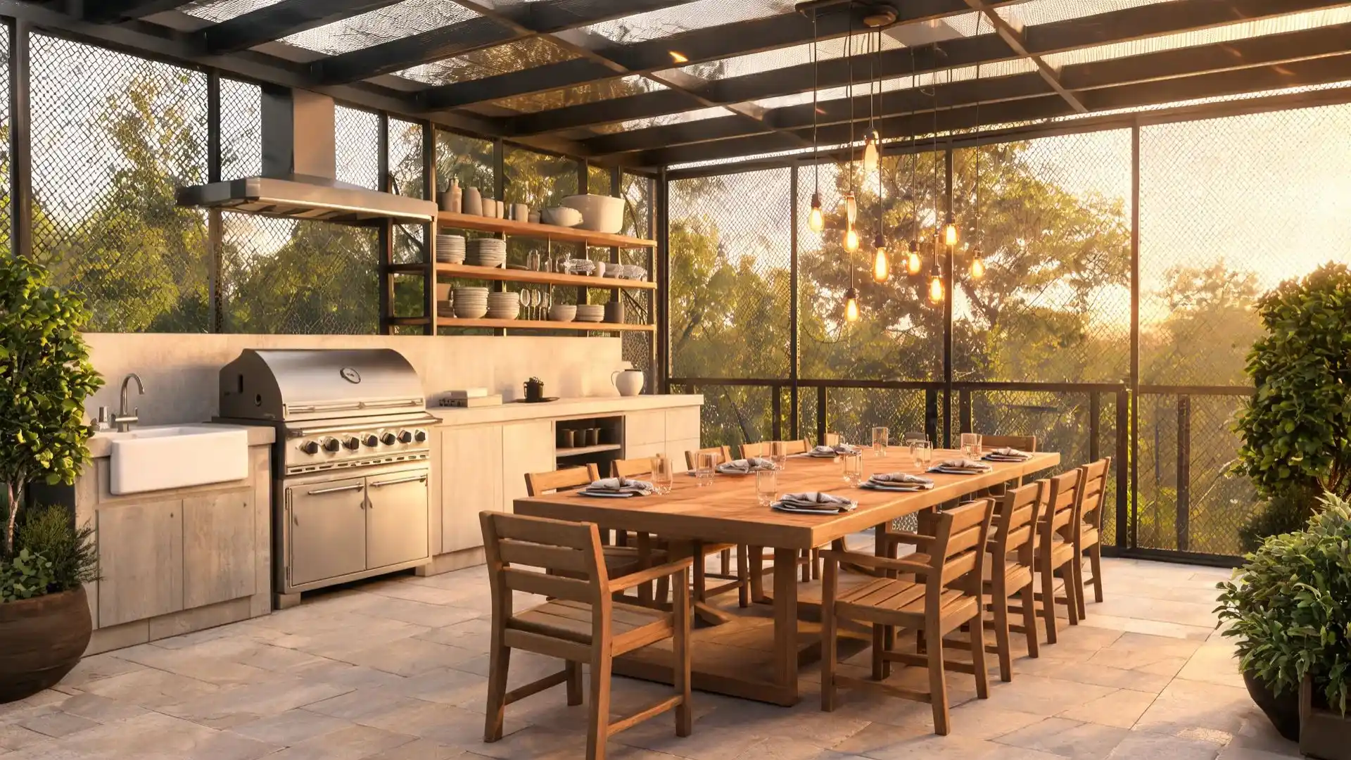 stainless grill station and farmhouse sink beside a long teak dining table set for ten under pendant lights