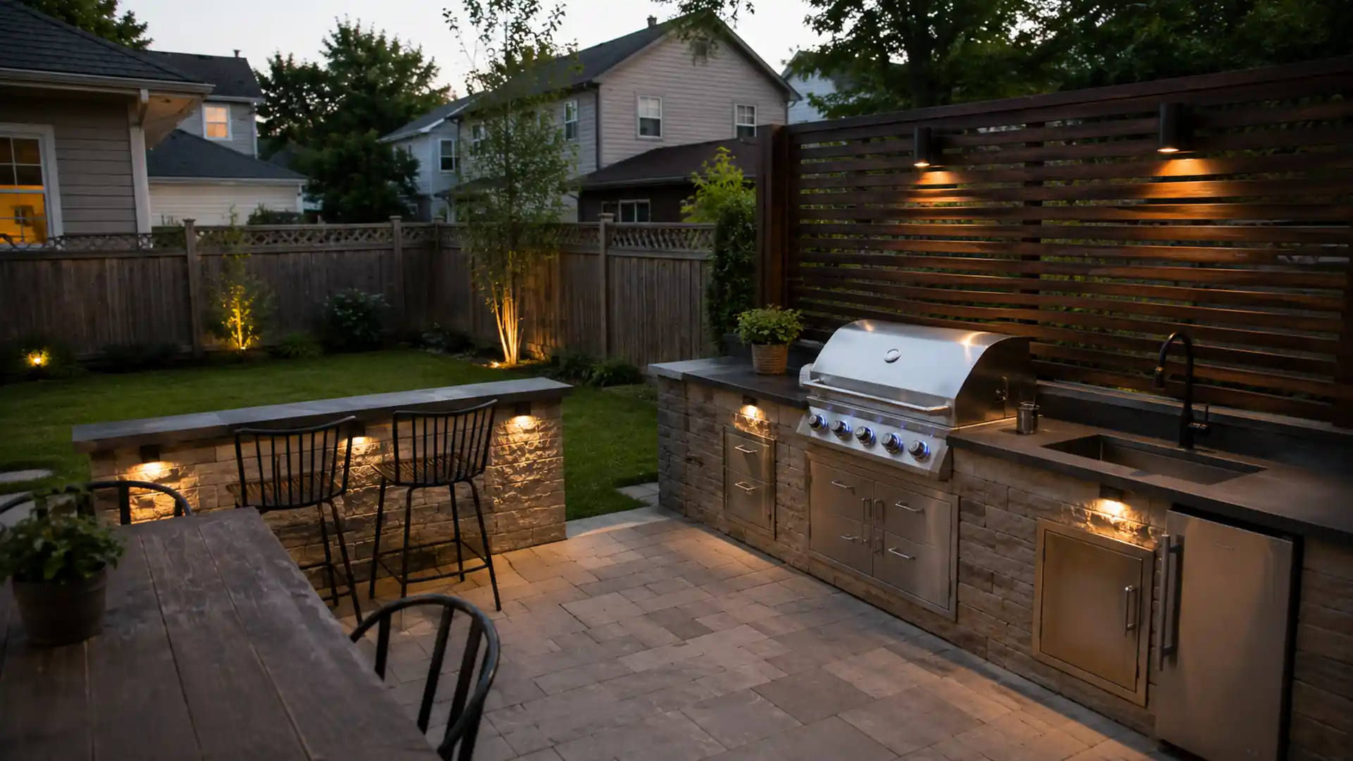 modern outdoor kitchen patio with wood privacy screen, grill island, dining area, and fenced suburban backyard at dusk
