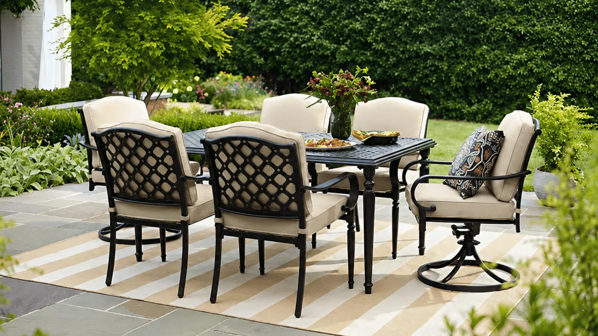 outdoor patio dining set with cushioned chairs on striped rug in lush green backyard
