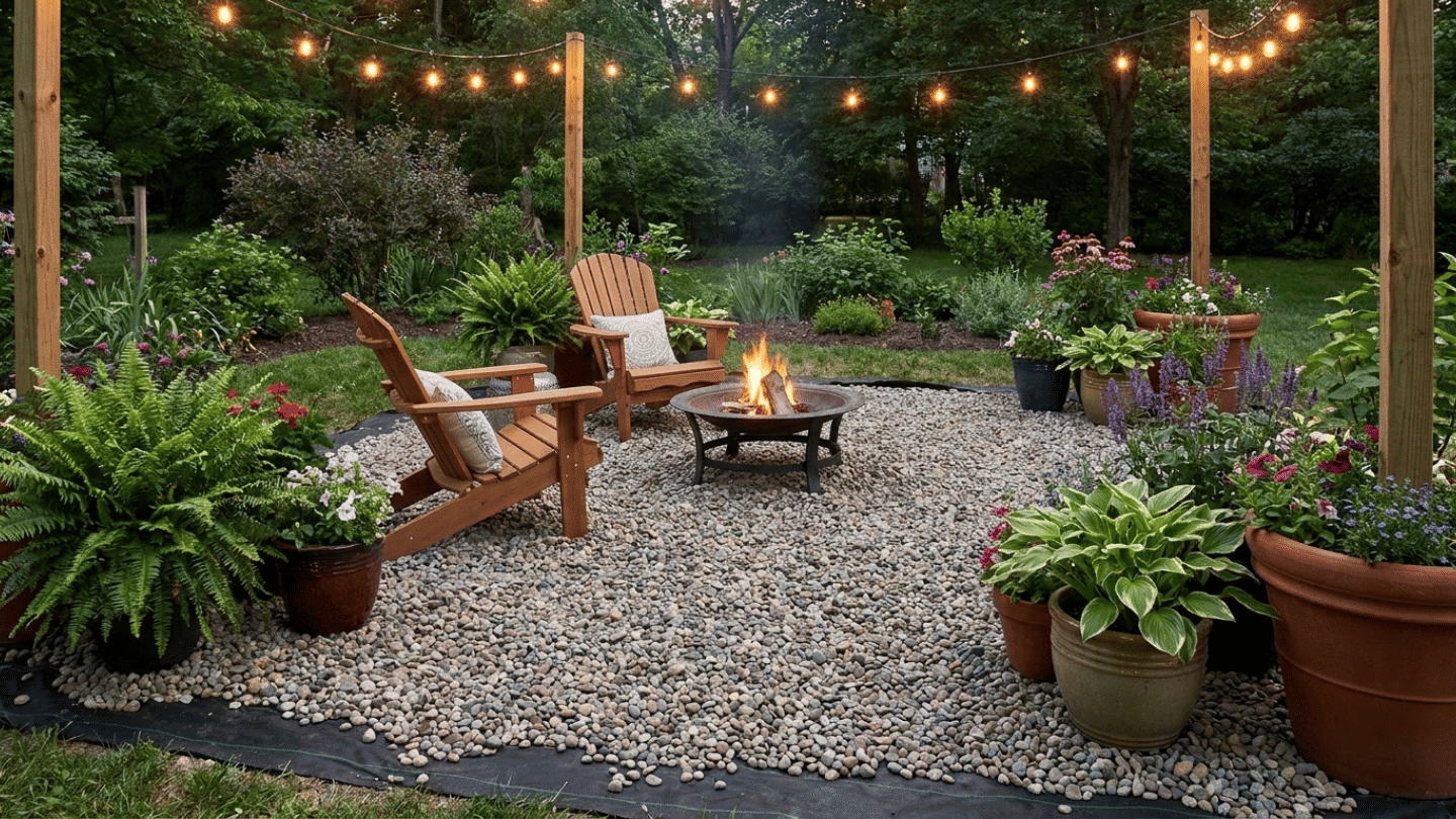 outdoor seating area with fire pit string lights and colorful potted plants on gravel patio at dusk