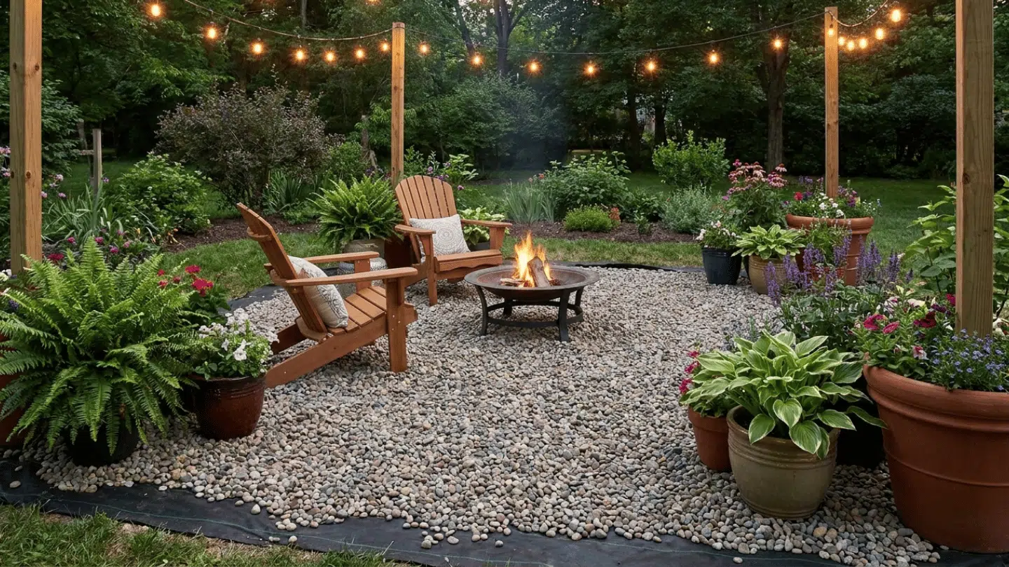 outdoor seating area with fire pit string lights and colorful potted plants on gravel patio at dusk