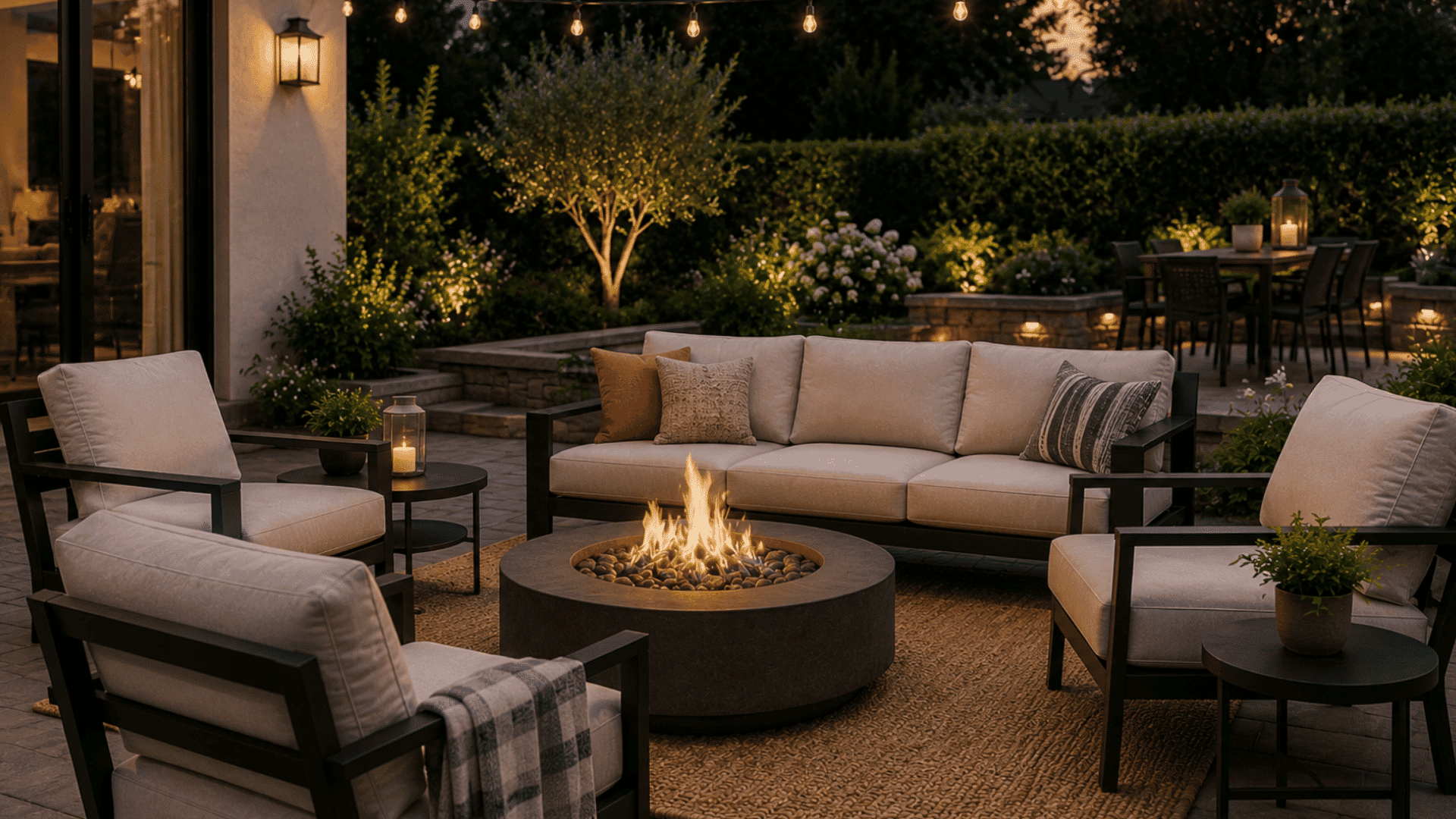 outdoor seating arranged around a fire pit creating a warm gathering space for evenings