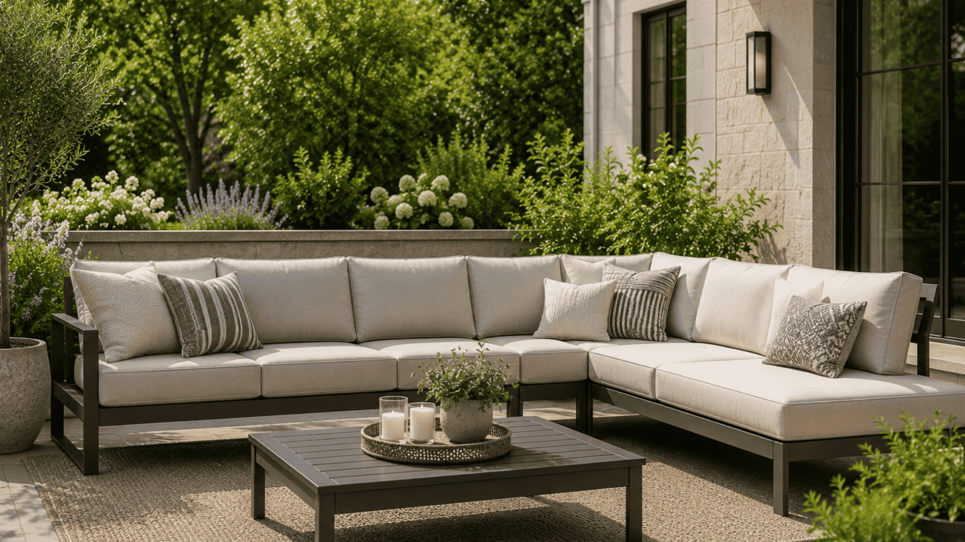 outdoor sectional sofa setup on patio with cozy seating area for relaxing and family gatherings