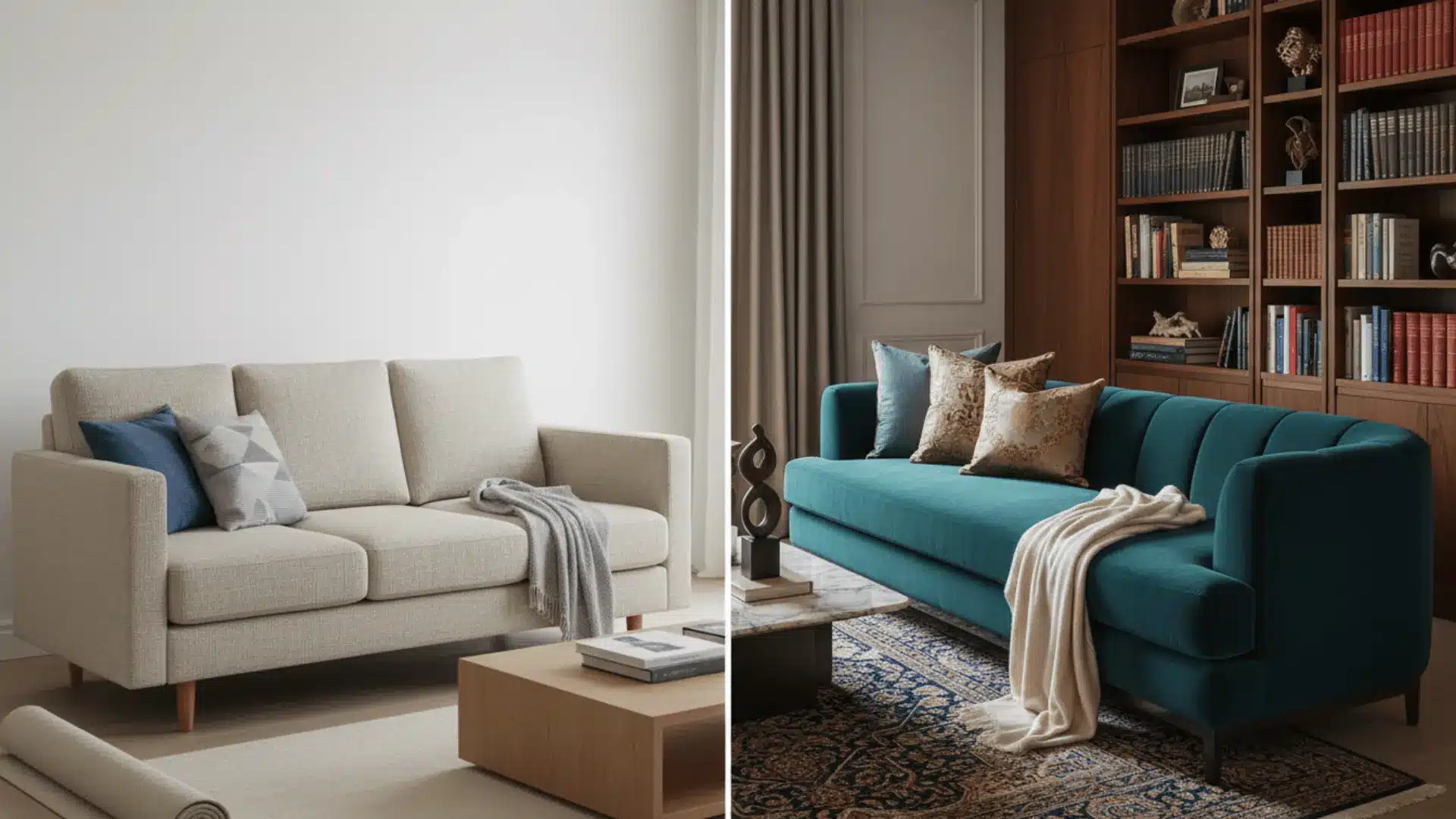 split living room view with a cream sofa on one side and a teal sofa with pillows by a wooden bookcase
