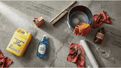 overhead flat lay of oil stain cleaning supplies