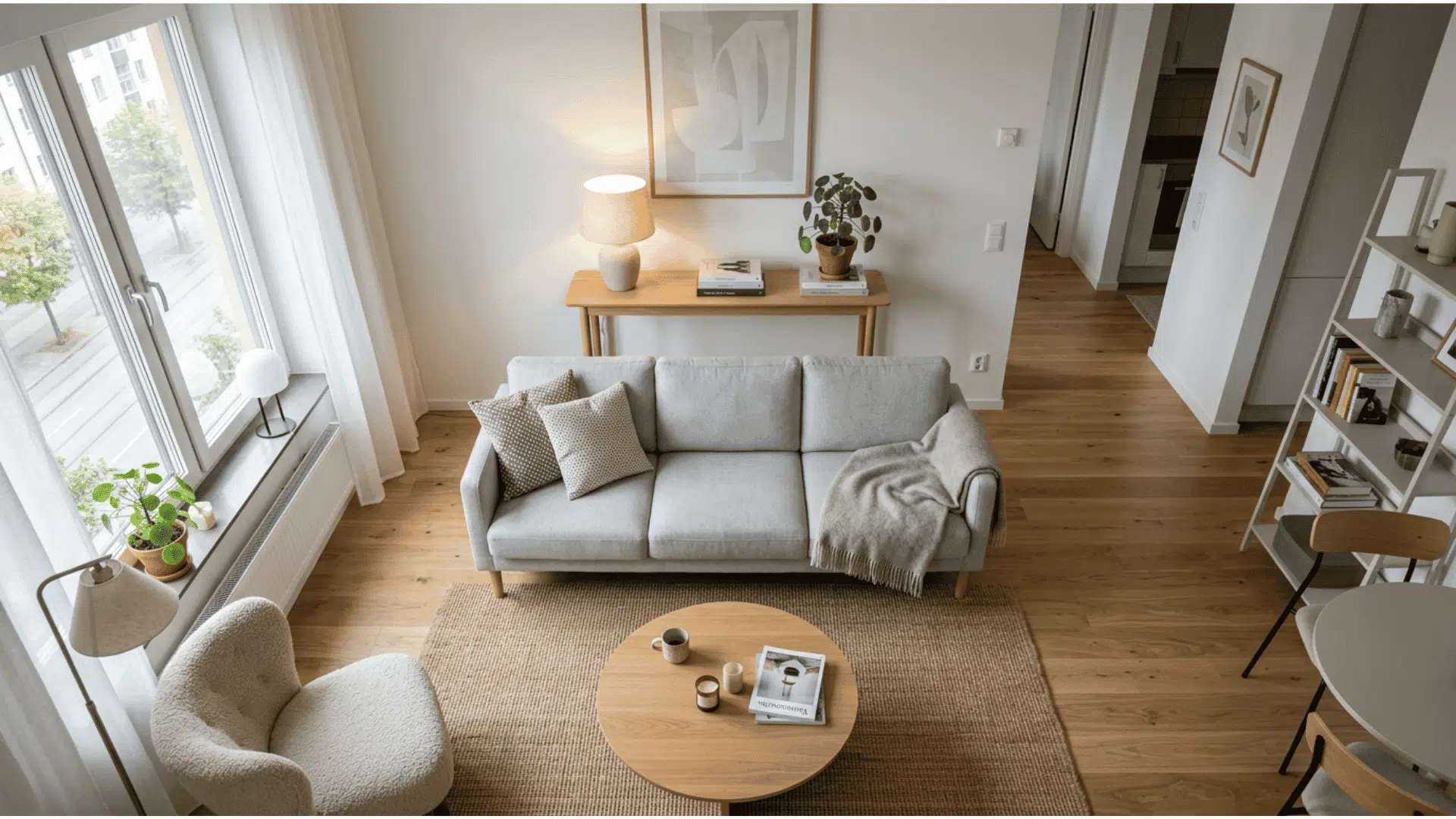 overhead view of a bright scandi living room showing a grey sofa pulled away from the wall with a narrow console table tucked behind it
