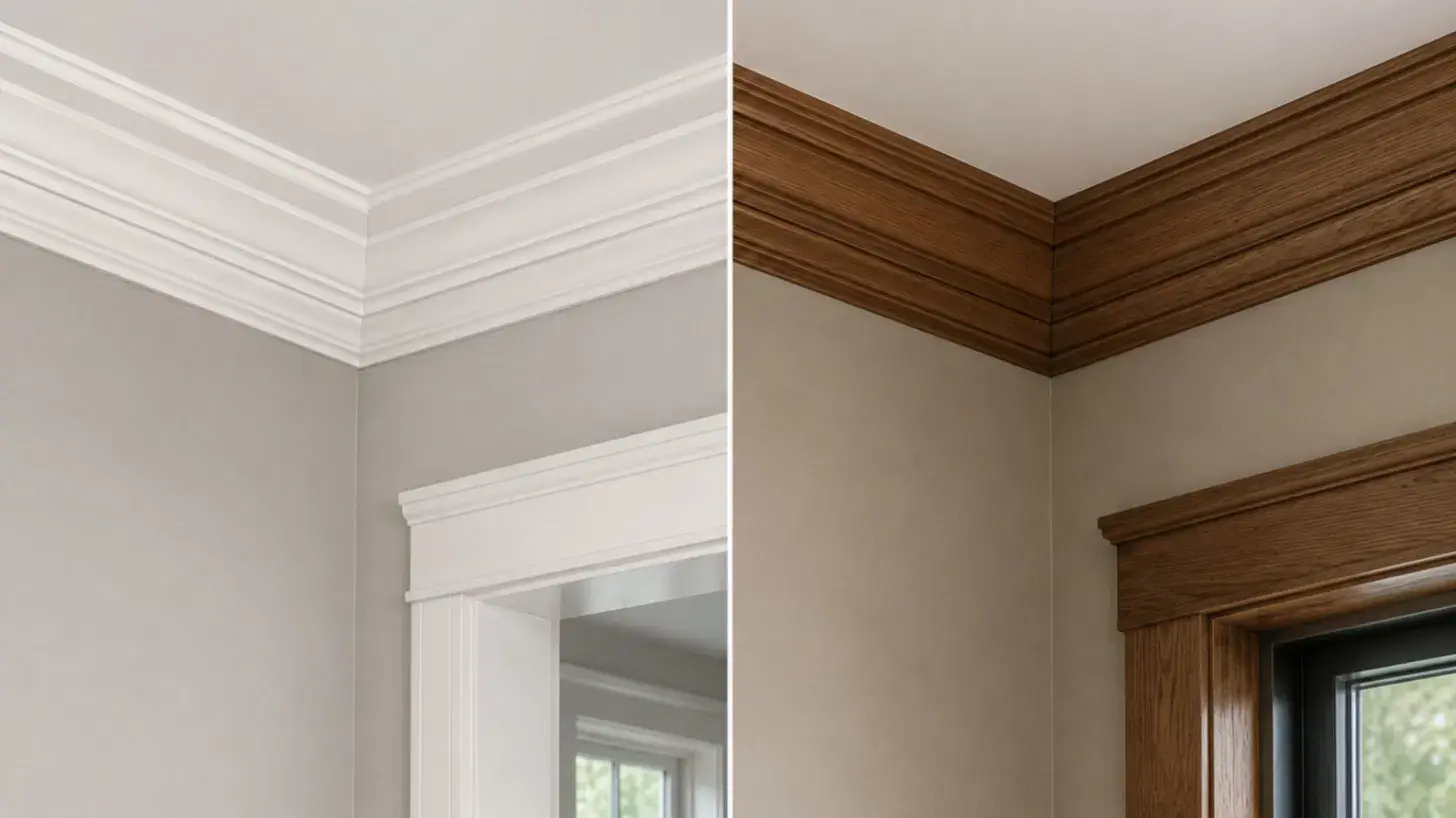 side by side comparison of white paint grade crown molding and dark stain grade wood crown molding