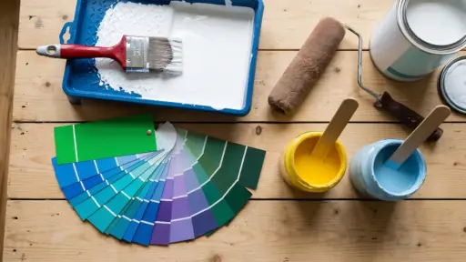 Paint supplies including a color swatch fan deck, paint roller, brush in a tray of white paint, and open jars of yellow and blue paint resting on a wooden surface