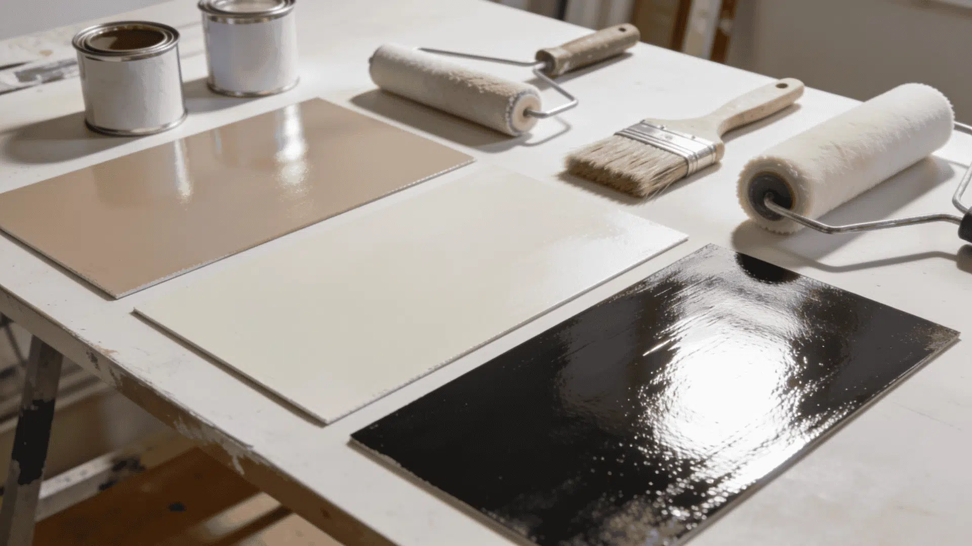 paint finish samples on a table showing matte satin and glossy surfaces with brushes rollers and cans