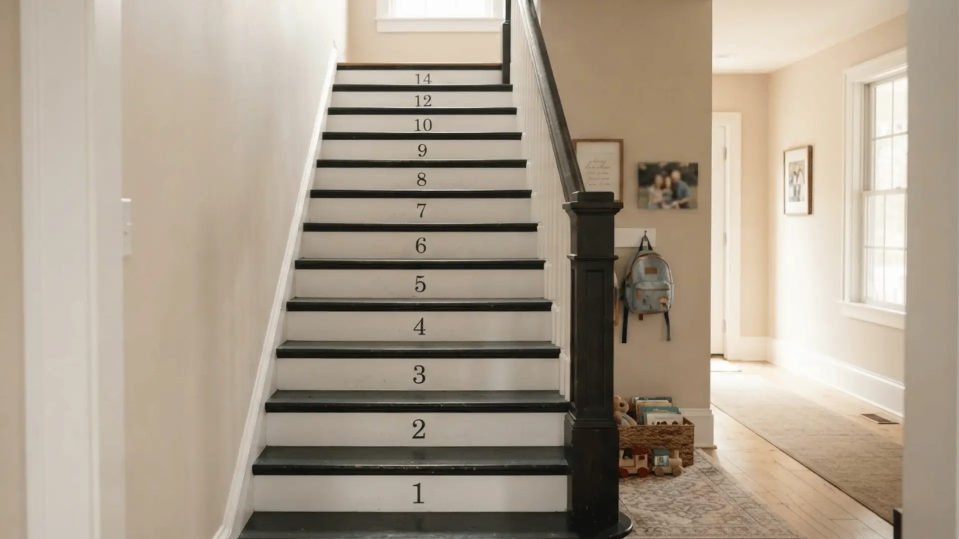 numbered stair risers with black stencil numbers white risers and dark painted treads