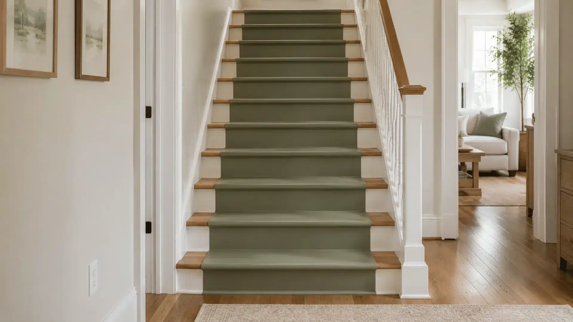painted stair runner down the center of wood stairs with clean straight edges and neutral walls