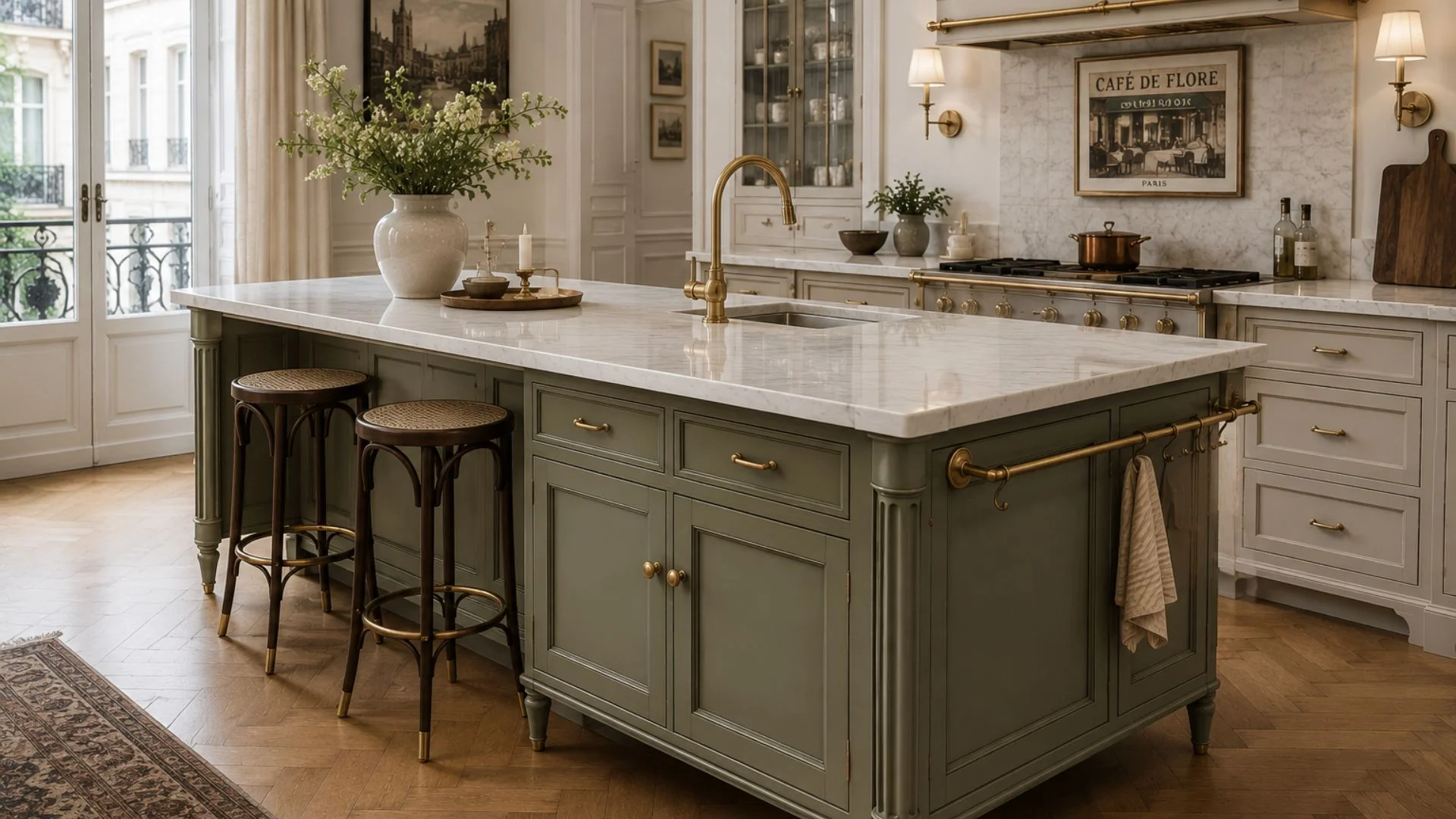 parisian bistro style sage green kitchen island with brass faucet, towel bar, and rattan barstools