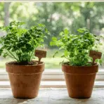 parsley and cilantro plants by a sunny window for home cooks herb guide