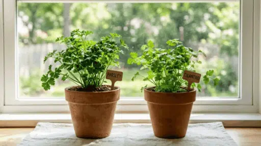parsley and cilantro plants by a sunny window for home cooks herb guide