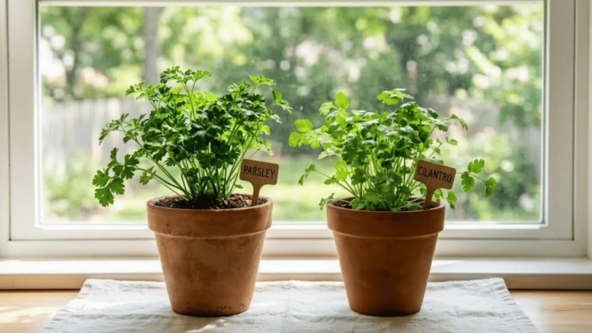 parsley and cilantro plants by a sunny window for home cooks herb guide
