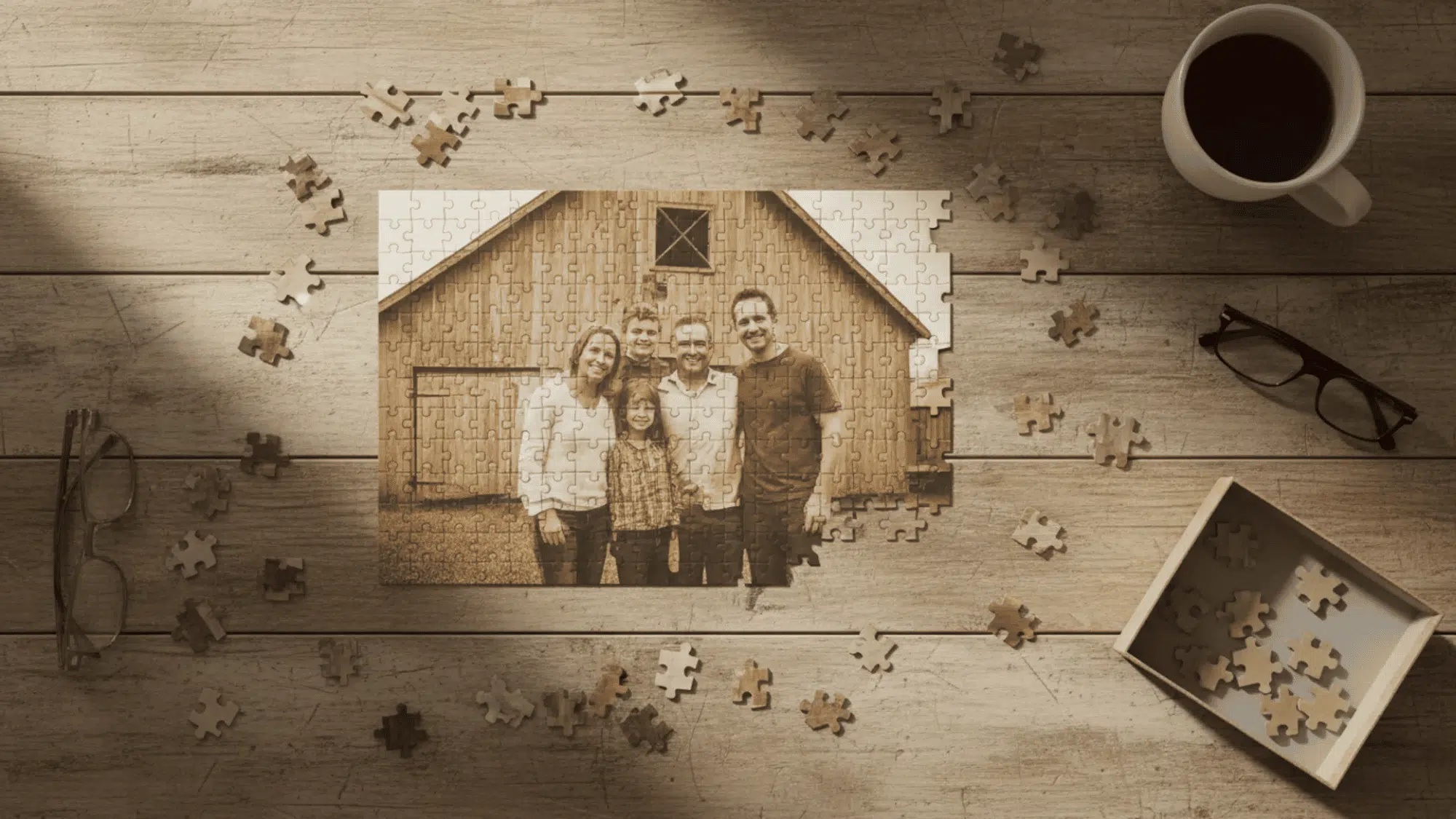 partially assembled photo jigsaw puzzle with scattered pieces on a wooden table