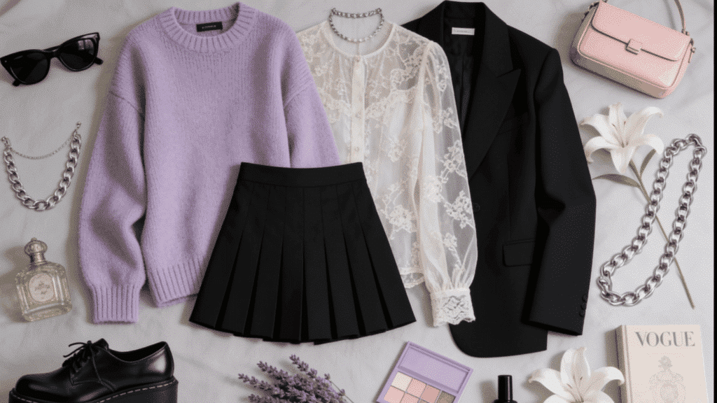 pastel goth aesthetic with lavender knitwear black lace clothing chunky shoes and silver jewelry