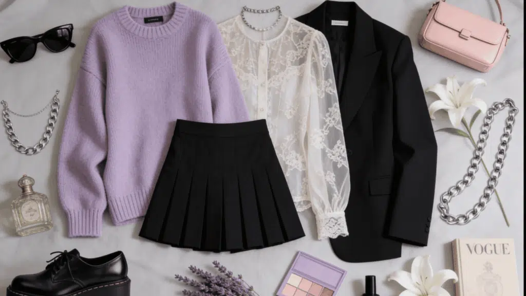 pastel goth aesthetic with lavender knitwear black lace clothing chunky shoes and silver jewelry