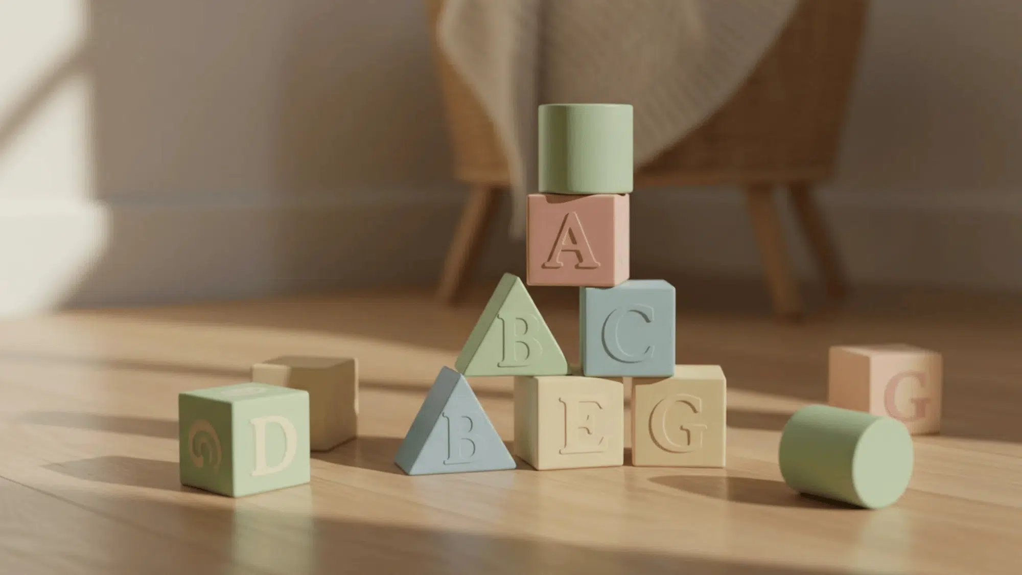 pastel hand-painted wooden blocks with shapes and letters stacked on a wood floor