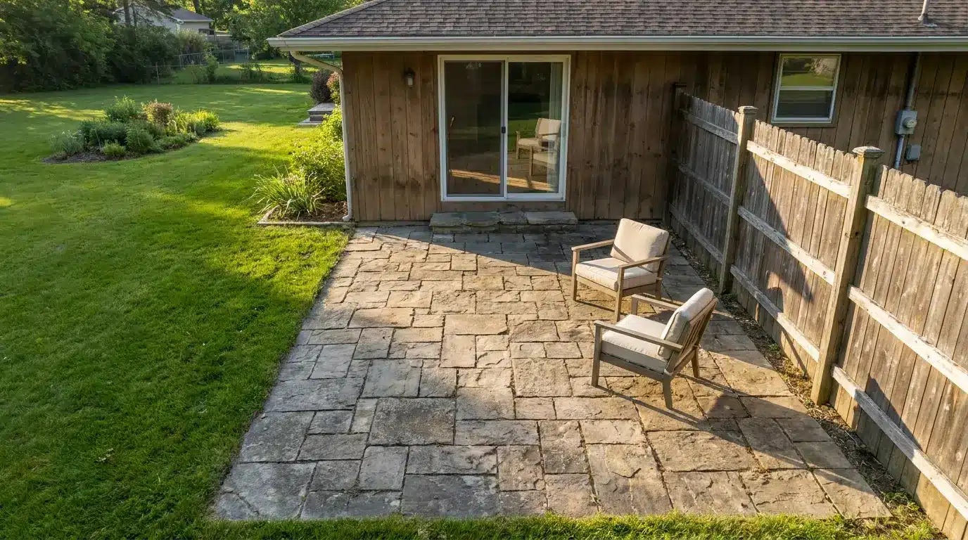 Two patio chairs on stone terrace beside wooden house and fence in sunny backyard