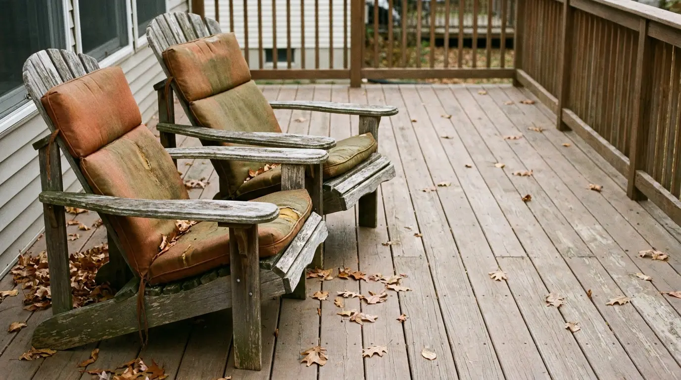 Weathered wooden chairs with faded cushions on a leaf-strewn deck beside a house wall