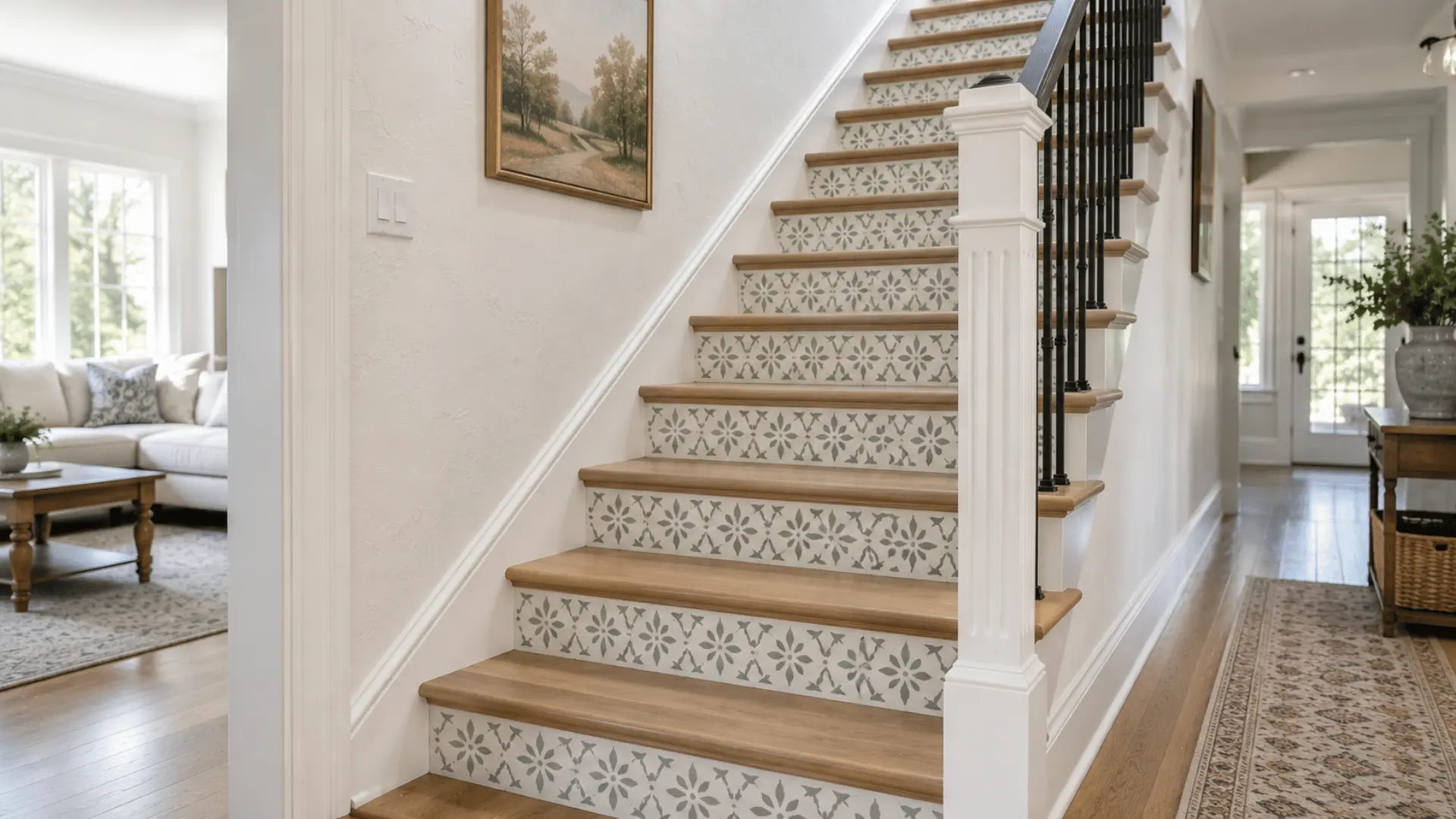 staircase with patterned painted risers and simple wood treads in a bright family hallway