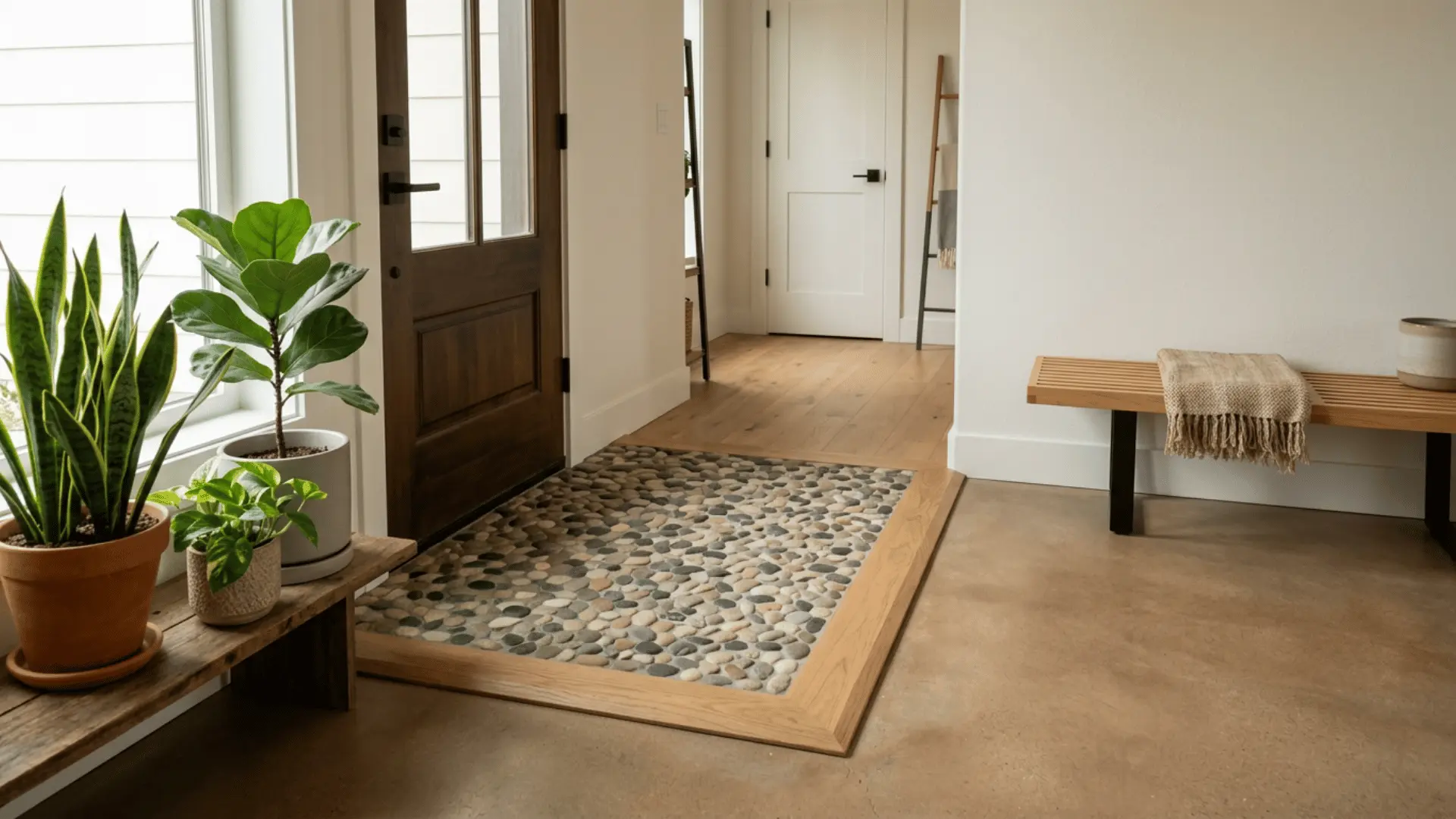 warm entryway with a wood front door stone floor inset potted plants a bench and a light natural interior