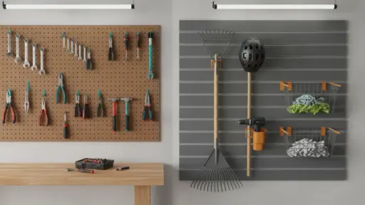 Organized workshop wall with tools hanging on pegboard and slatwall next to wooden workbench