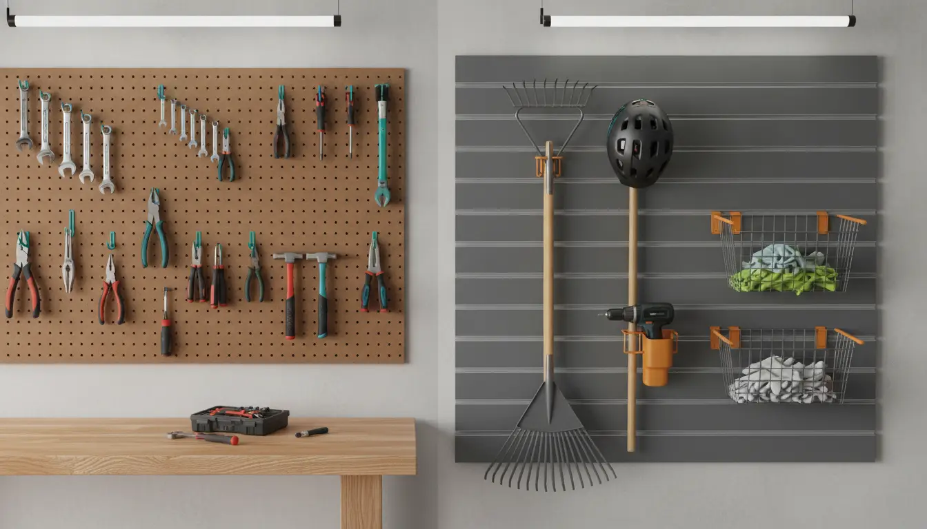 Organized workshop wall with tools hanging on pegboard and slatwall next to wooden workbench