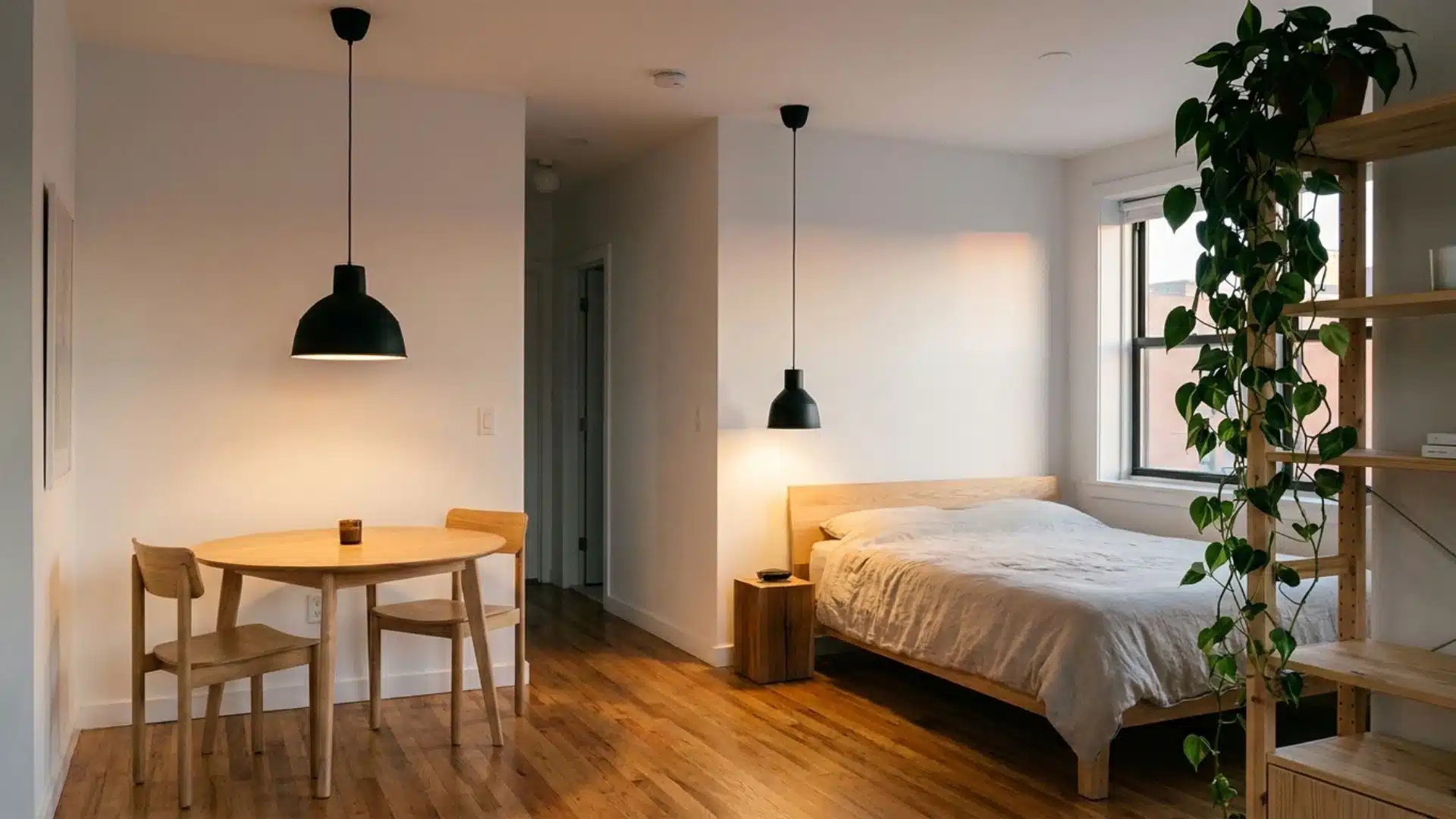 Minimal black pendant lights hanging above a small dining table and bed in a compact studio apartment home