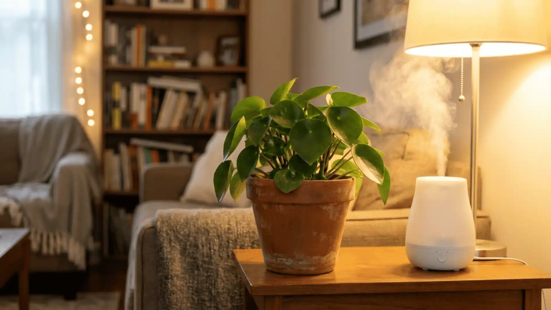 peperomia raindrop plant beside a small humidifier with visible mist in soft light