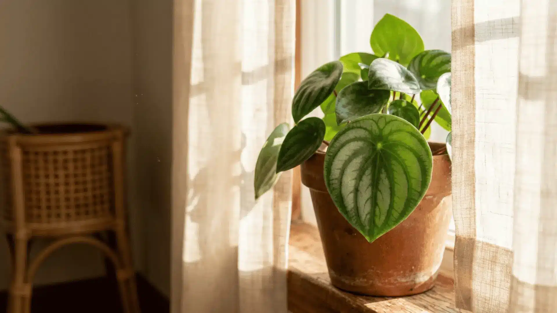 peperomia raindrop plant catching soft morning light through a linen curtain by a window