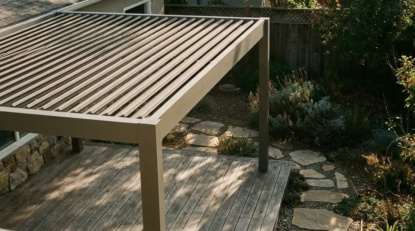 Modern pergola with slatted roof on wooden deck in backyard garden settings