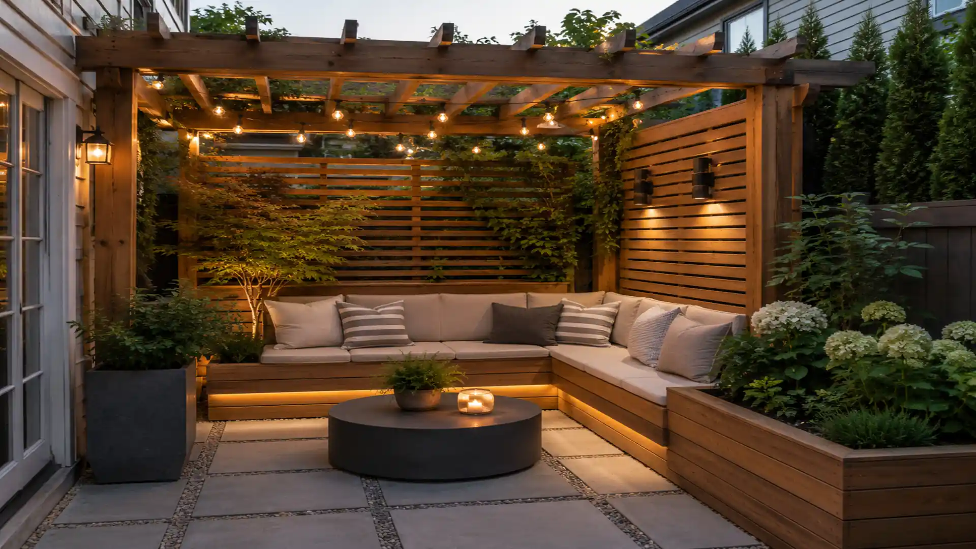 small backyard pergola with built-in bench seating, wood slat privacy walls, layered plants, and cozy patio lighting