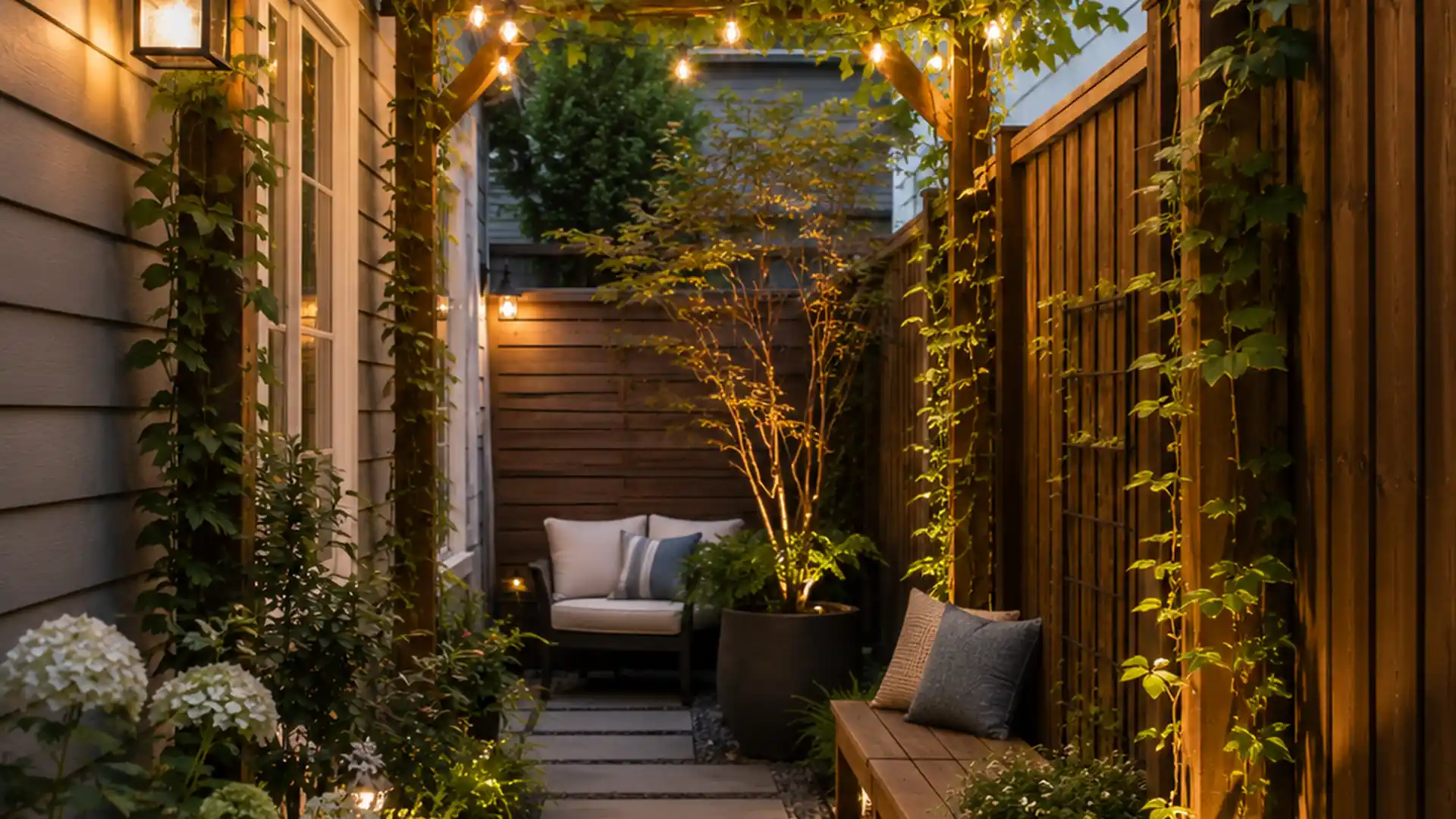 narrow side yard pergola with climbing vines, pathway lights, bench seating, and cozy suburban backyard atmosphere