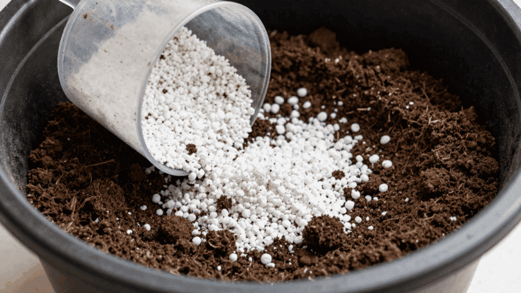 perlite is being poured from a clear plastic scoop into a black pot filled with dark soil