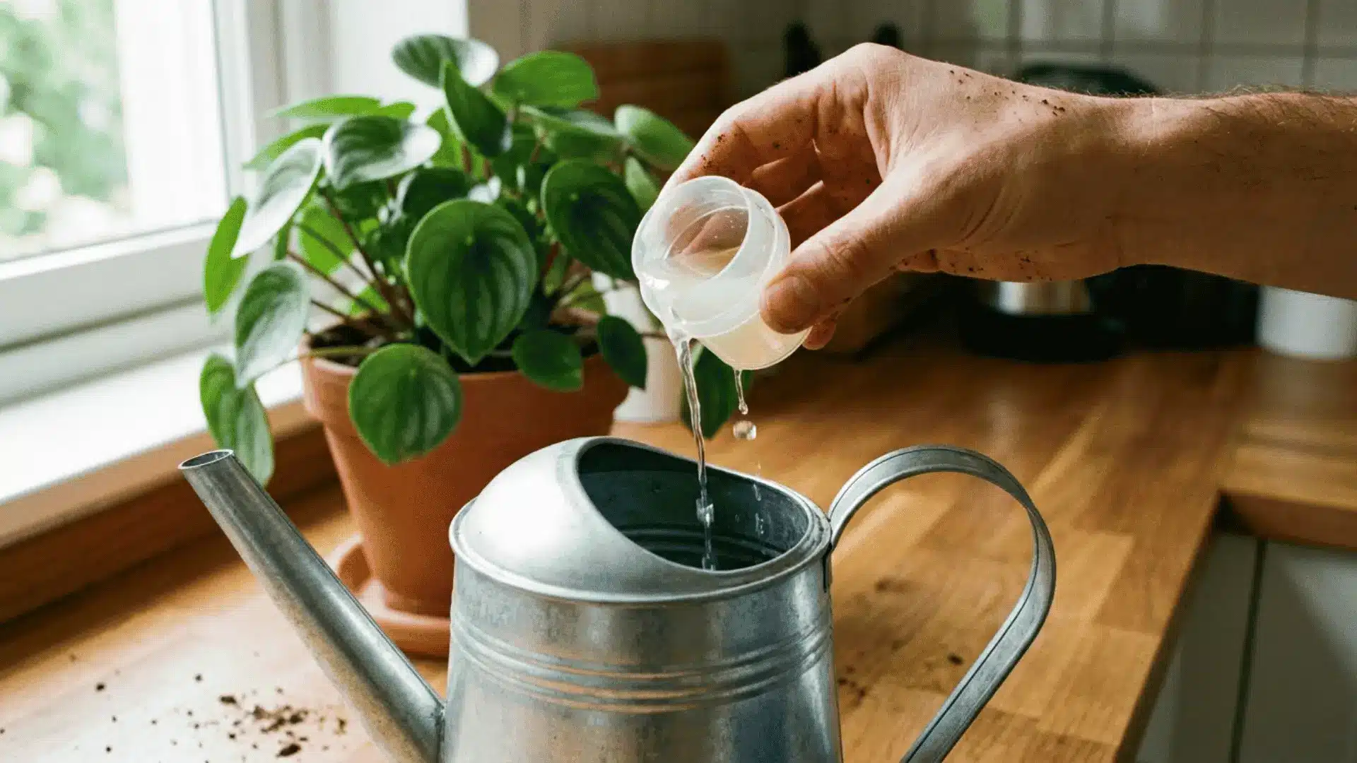 person adding liquid fertilizer to a watering can beside a peperomia raindrop in a terracotta pot
