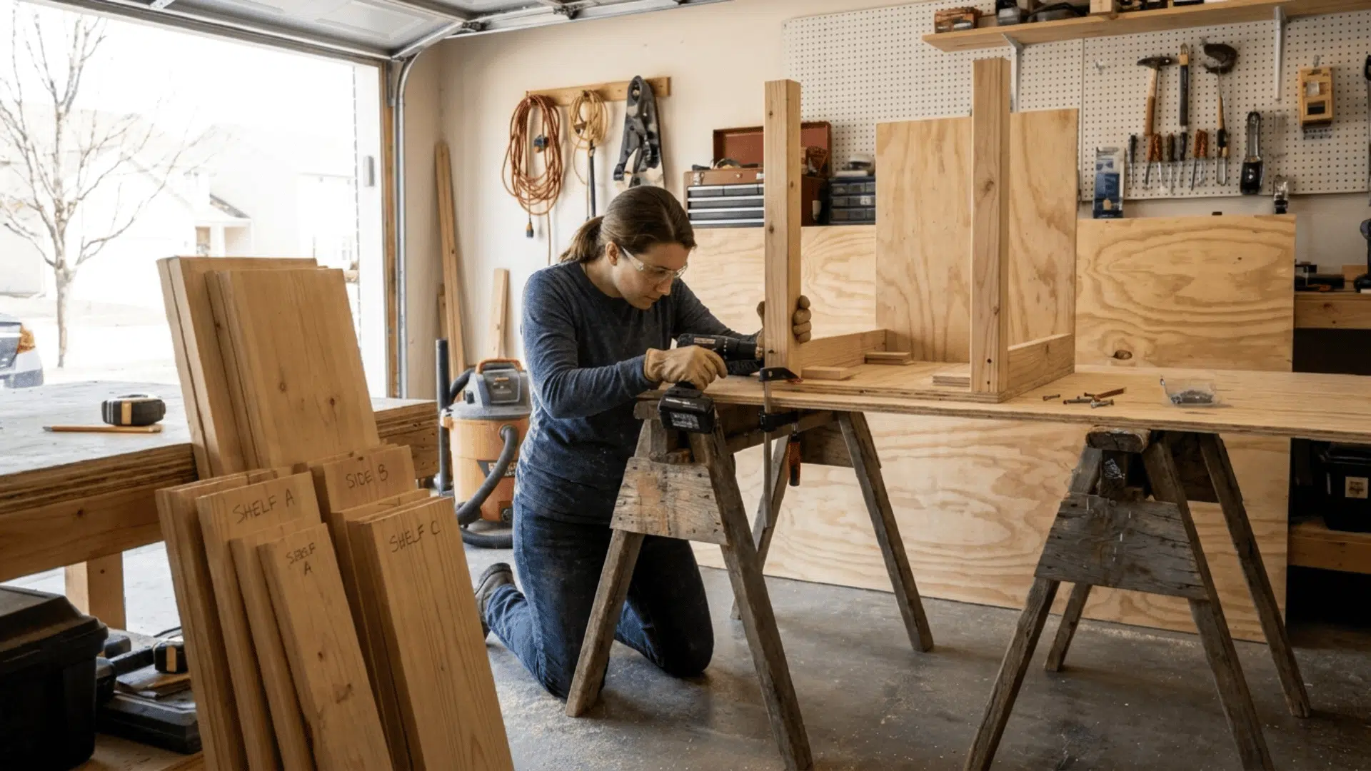 person attaching a wood leg to a vanity side panel with a basic drill and clamps holding it square