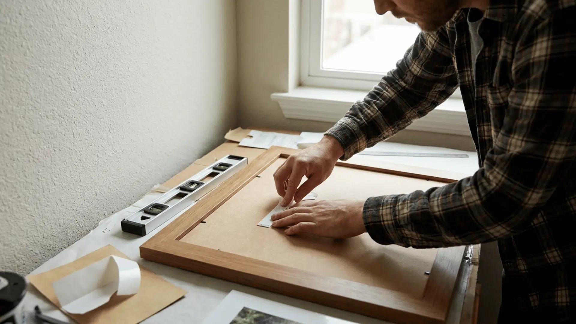person attaching framed artwork using adhesive hanging strips on wall (1)