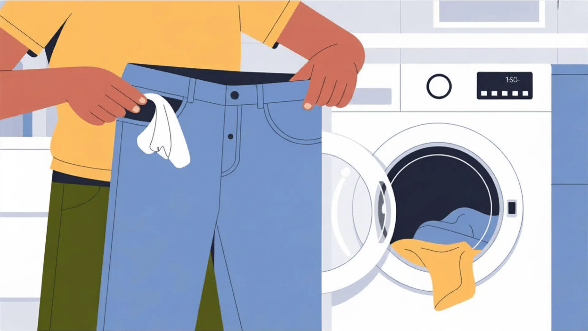 person checking the pockets of blue jeans for coins and tissues before putting them in the washing machine
