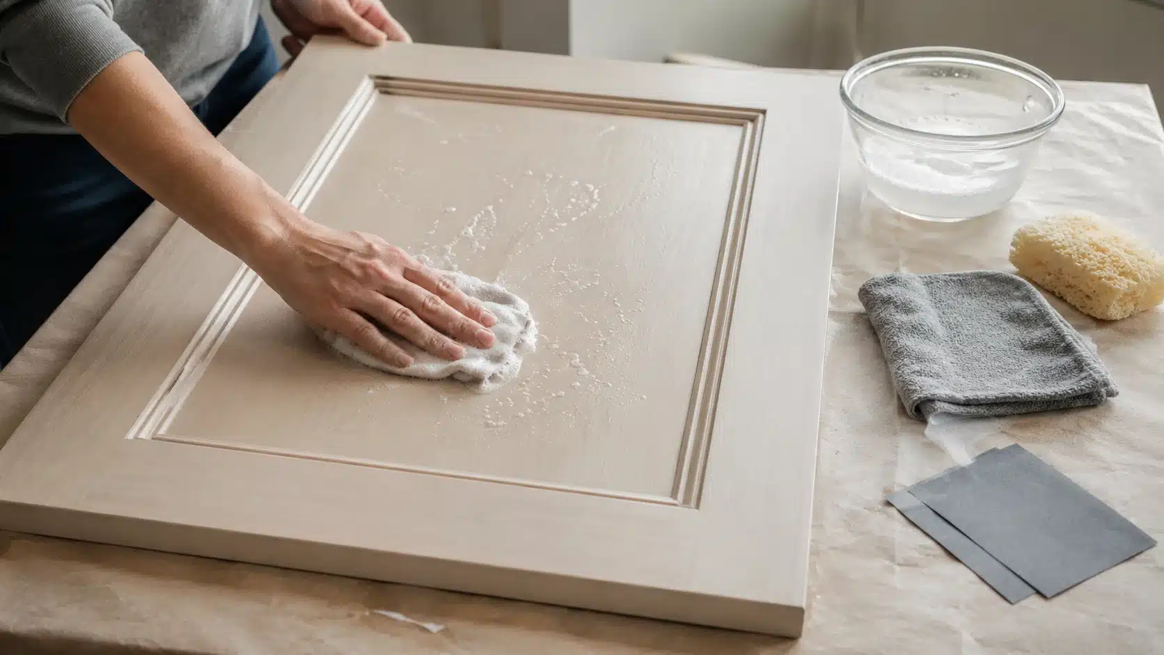person cleaning a cabinet door with soapy water cloth sponge and sandpaper in a bright diy workspace