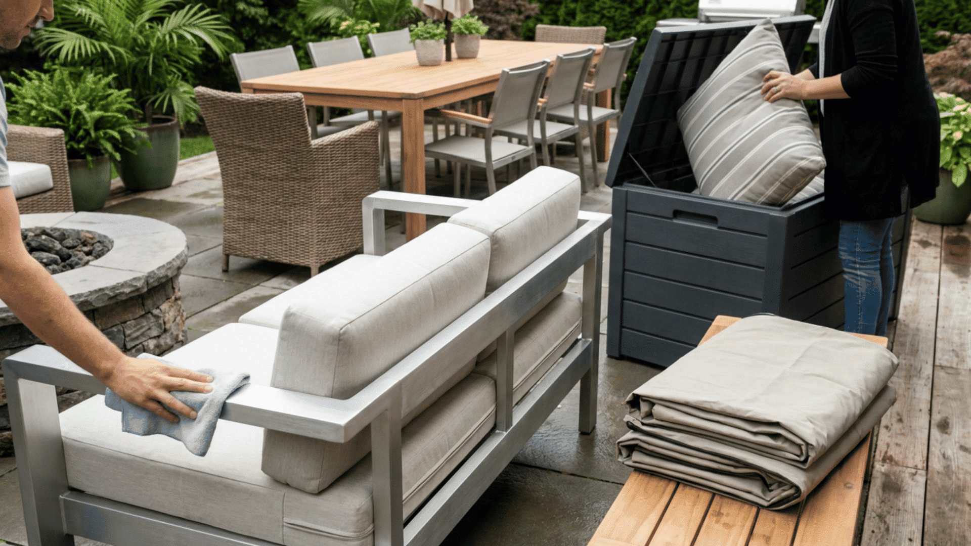 person cleaning outdoor furniture on patio with cushions and seating maintained for long lasting use