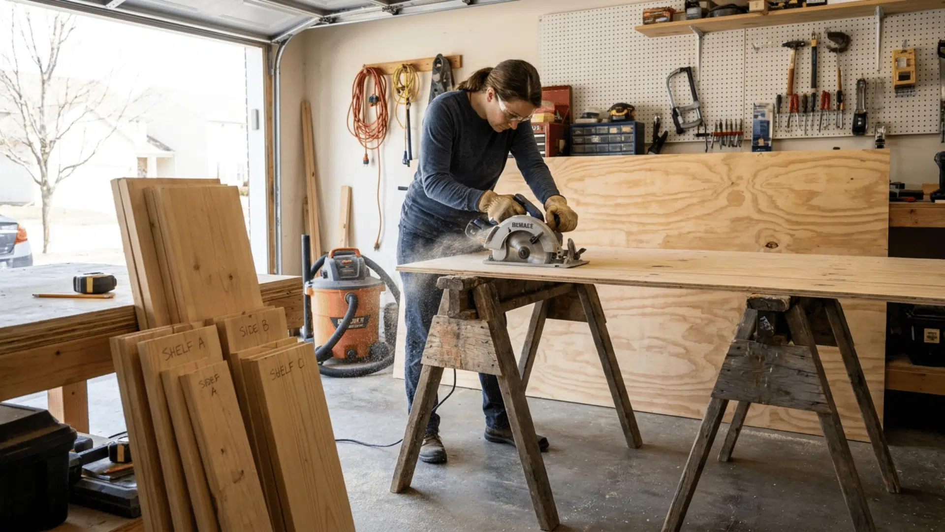 person cutting a plywood panel with a handheld circular saw on sawhorses in a home garage