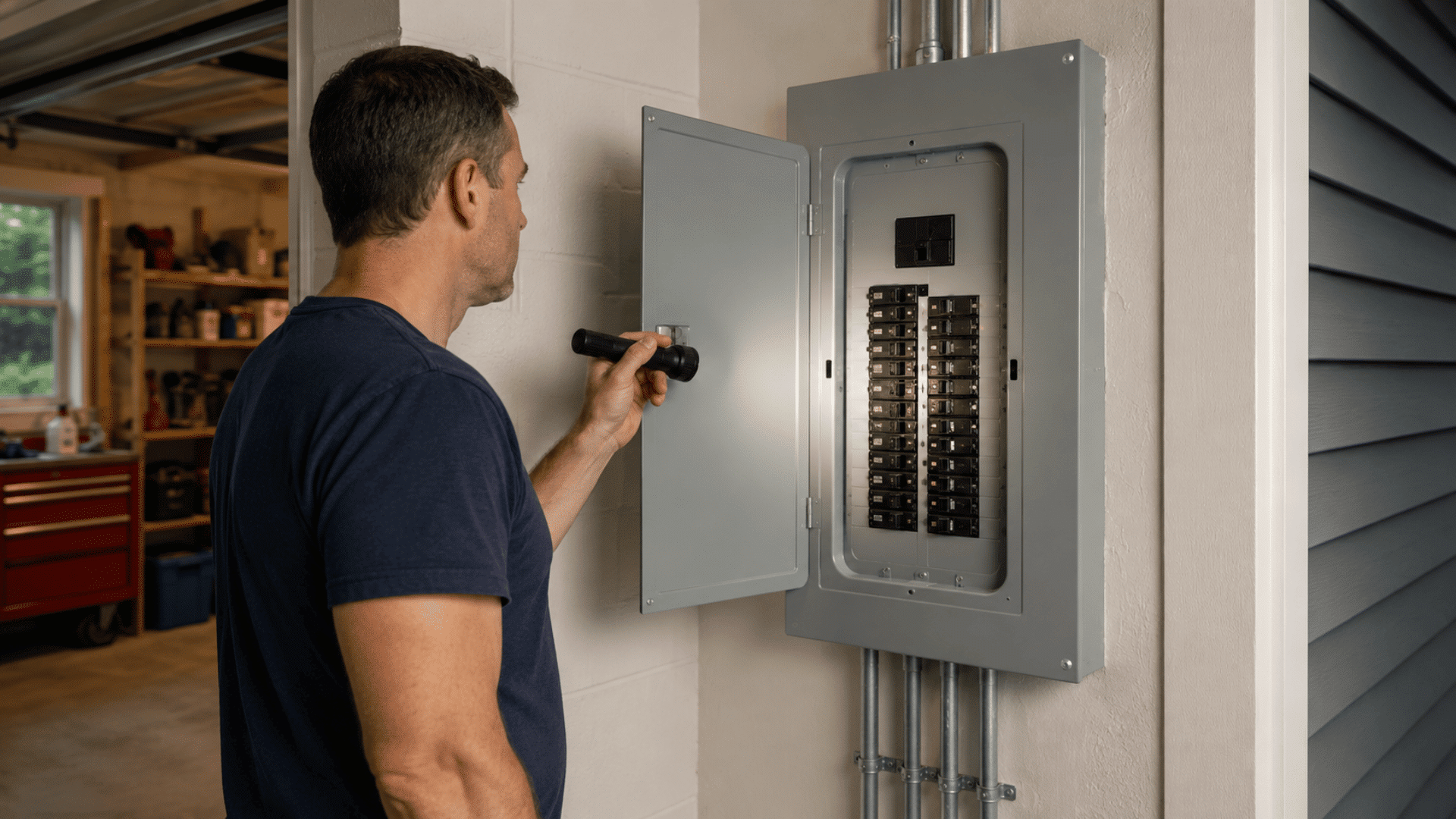 person inspecting open electrical panel in home utility area with flashlight and clear visibility
