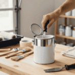 person is using a spatula to stir white paint in an open can on a wooden table with paint brushes and a cloth nearby